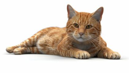 Obraz premium A ginger tabby cat laying down on a white background, looking directly at the camera.