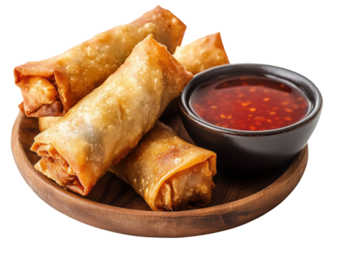 Delicious spring rolls served with spicy dipping sauce, wooden plate, white isolate background.