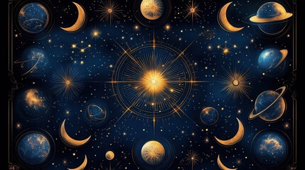 A cosmic mandala with starburst patterns, crescent moons, and planetary shapes creating a celestial, mystical look