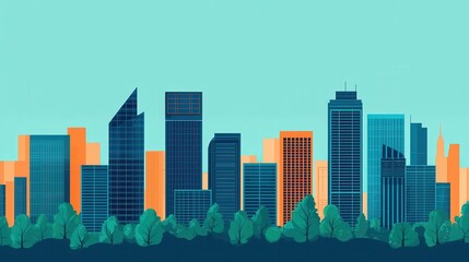 Fototapeta premium Vibrant urban skyline a stunning digital illustration showcasing modern architecture against a bright background with lush greenery