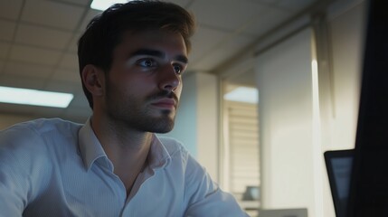 Man is sitting at a desk looking at a computer monitor