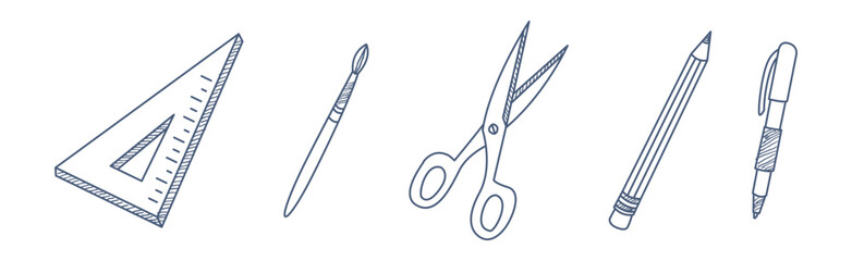 School Doodle Supply and Object Line Icon Vector Set