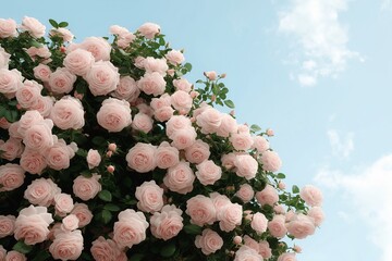 A vibrant rose garden, its colors softened by a delicate pastel sky horizon.