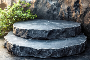 Stone platform with steps leading up to it. The steps are made of stone and the platform is grey