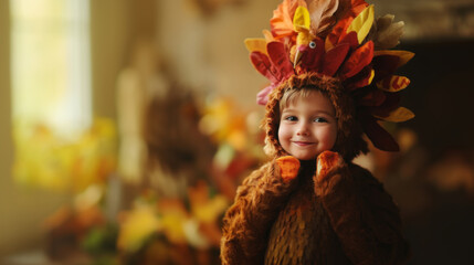 A joyful small boy in a turkey costume celebrates Thanksgiving with a big smile in a cozy autumn setting