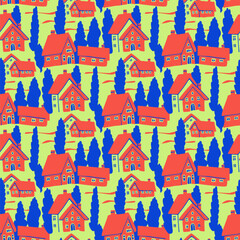 Seamless pattern with  town  houses