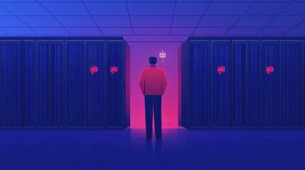 Technician in Secure Server Room Examining Equipment