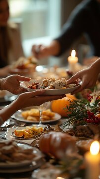 Hands exchanging a platter of food during a cozy gathering around a festive dinner table in warm candlelight