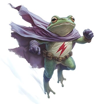 recommend clip art: A green frog superhero with purple cape, red lightning symbol on chest and a belt, flying in the air with white smoke effect.