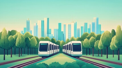 Modern trains gliding through a vibrant cityscape surrounded by lush greenery and tall skyscrapers