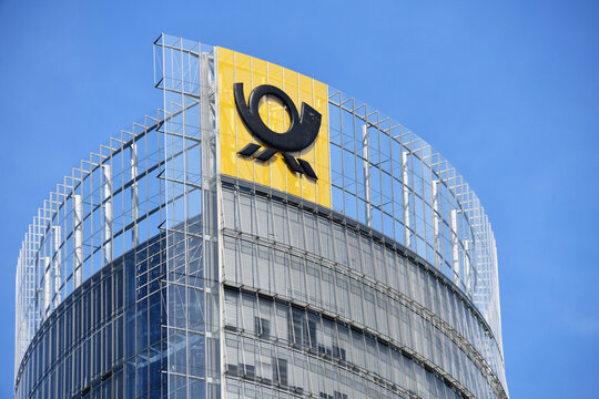 Bonn, North Rhine-Westphalia, Germany - May 15, 2022: Post Tower, headquarters of the world's largest logistics company Deutsche Post DHL in Bonn, Germany