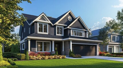 Obraz premium A large house with a black roof and white trim