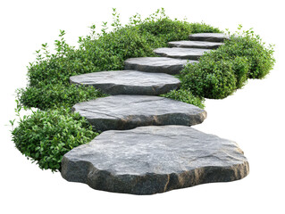 Stone pathway surrounded by lush green bushes, white isolate background