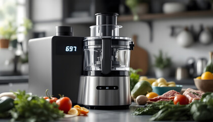 High-Tech Food Processing Machine Close-Up, Digital Display and Fresh Ingredients in Modern Kitchen