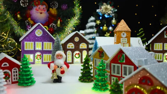 Against the backdrop of a Christmas wreath is a large Christmas town with Christmas trees, houses and Santa Claus