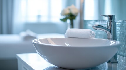 Fototapeta premium A serene bathroom scene featuring a stylish sink, neatly rolled towels, and soft natural light