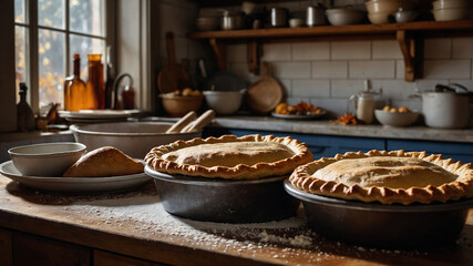 A rustic kitchen scene with homemade Thanksgiving pies cooling on the counter, with flour, rolling pins, and ingredients scattered around