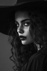 Black and white portrait of a beautiful dark haired witch