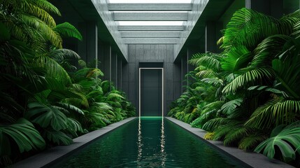 Fototapeta premium Enchanted serenity a lush green oasis awaits in this tranquil architectural sanctuary surrounded by nature's abundance