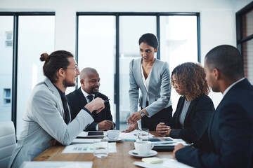 Brainstorming, ideas and smile in meeting, group and documents of financial report, team and boardroom. Office, discussion and corporate people with communication, colleagues and insurance company