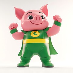 A pink pig wearing a green superhero costume with a yellow belt and cape, stands with his fists clenched in the air.