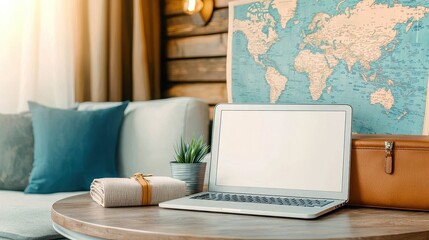 Fototapeta premium Cozy workspace with a laptop, map, and decorative elements on a wooden table, inviting creativity and productivity.