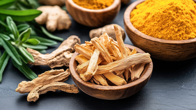 Assorted dried herbs and spices including ginger root, turmeric powder, and fresh green rosemary displayed in wooden bowls on a dark surface.