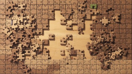 Naklejka premium A partially completed wooden jigsaw puzzle laid out on a wooden surface, showcasing scattered pieces