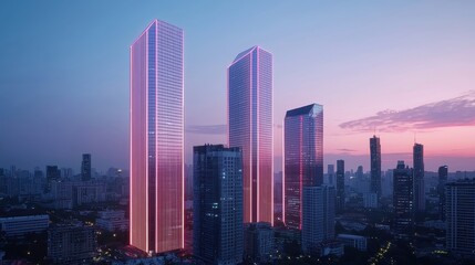 Obraz premium Stunning urban skyline at dusk mesmerizing pink-hued skyscrapers illuminating the cityscape with modern architectural brilliance