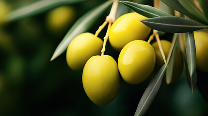 Close-up of ripe green olives growing on a branch with pointed leaves against a blurred natural background