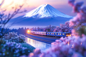 Train is traveling through a beautiful landscape with a mountain in the background. The train is...