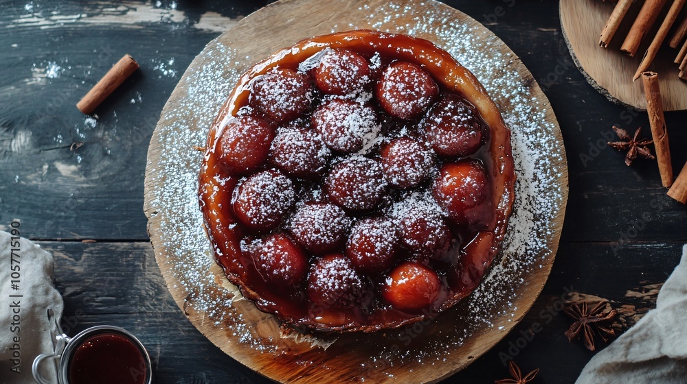 Wall mural tarte tatin with caramelized fruit and a glossy finish on a natural wood board, with powdered sugar 