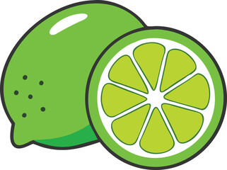 Fresh Lime Illustration with Slice Detail, Colorful illustration of a whole lime and a lime slice, showcasing vibrant green hues and citrus detail for food concepts.