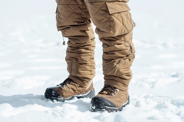 Close-up of explorer's warm snow boots standing on snow during a winter expedition, emphasizing safety and preparedness