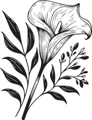 Calla flower art, vector illustration of a font view calla flower in hand-drawn botanical summer elements natural collection, calla line art for coloring page, calla flower outline
