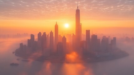 Fototapeta premium A panoramic view of a modern cityscape bathed in the warm glow of sunrise. The city's skyscrapers pierce the fog, creating an ethereal and majestic scene.