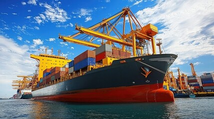 Fototapeta premium Cargo Ship Loading at Dock with Cranes and Containers