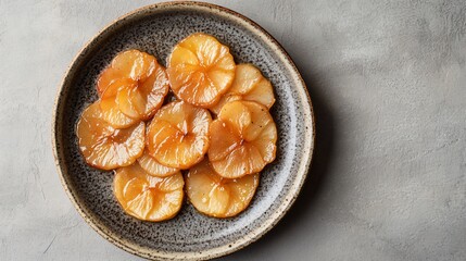 Fototapeta premium Tarte Tatin with thin caramelized apple slices, isolated on a textured ceramic plate, with a touch of cinnamon and cloves
