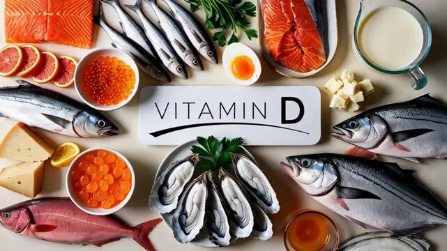 Various fresh food with the sign inscription vitamin D