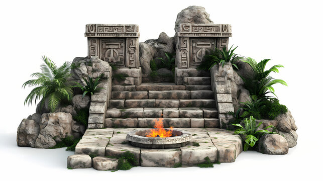 3d render of a rock temple with a sacred fire pit and ceremonial area, on isolated white background. Aztec Temple Ceremony. Illustration