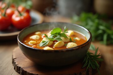 Cozy homemade tomato soup with gnocchi and fresh herbs in rustic bowl for comfort food lovers.
