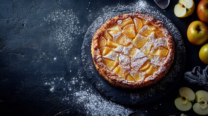 Warm Tarte Tatin with crispy edges on a dark slate board, surrounded by apple slices and dusted with powdered sugar