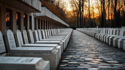 Serene cemetery with rows of headstones at sunset, reflecting in the windows of an adjacent building.