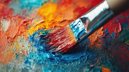 Fototapeta premium Exploring the vibrant world of artistic expression with a close-up of a paintbrush mixing colors on a canvas surface