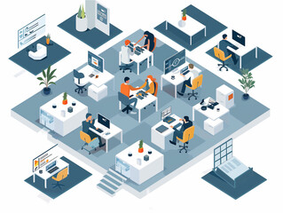 Isometric Modern Office Workspace with Team Collaboration