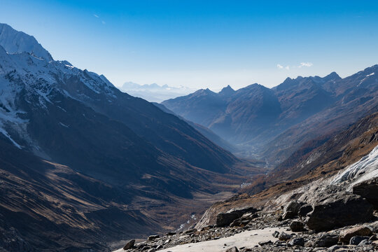 View of the L&ouml;tschental valley and glacier in autumn with snow covered peaks in Valais, Switzerland