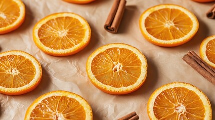 Obraz premium Dry orange slices and cinnamon sticks on baking paper.