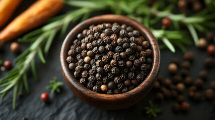 Elegant Top-Down Perspective of Cubeb Peppercorns with Ground Spice Center and Fresh Rosemary for Culinary Aesthetic