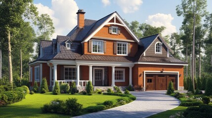 A large brick house with a green lawn and a driveway