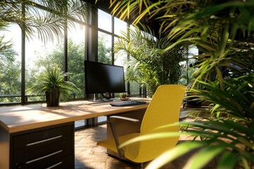 Fototapeta premium Bright and inspiring home office design surrounded by lush greenery and natural light